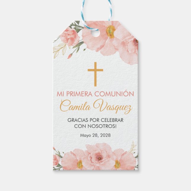 Etiqueta Para Presente Flores rosa-cúpula e primeira comunhão (Frente)