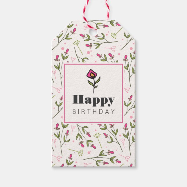 Etiqueta Para Presente Flores Selvagens, Rosa e Verde, Aniversário (Frente)