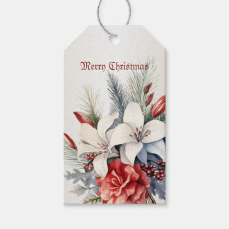 Etiqueta Para Presente Flores Vermelhas Brancas de Natal Elegantes