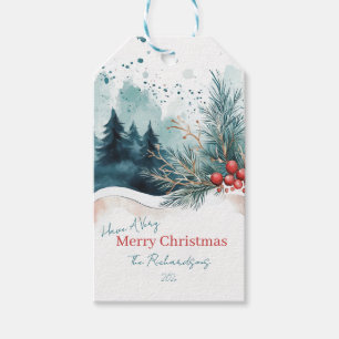 Etiqueta Para Presente Floresta de Natal de Aquarela Elegante