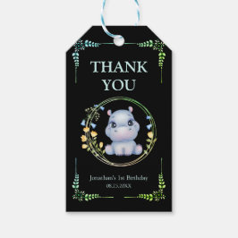 Etiqueta Para Presente Flower Wreath Cute Hippo Birday Obrigado Black