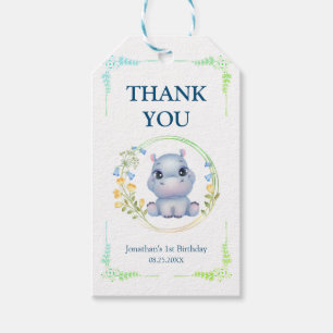 Etiqueta Para Presente Flower Wreath Cute Hippopotamus Aniversário Obriga