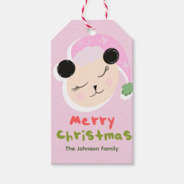 Etiqueta Para Presente Fofo de Natal Panda Rosa Santa Hat Família