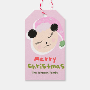 Etiqueta Para Presente Fofo de Natal Panda Rosa Santa Hat Família