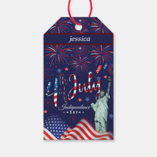 Etiqueta Para Presente Fogos De Artifício Em 4 De Julho Com A Estátua De