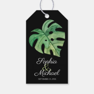 Etiqueta Para Presente Folha de Monstera Tropical no Casamento Negro