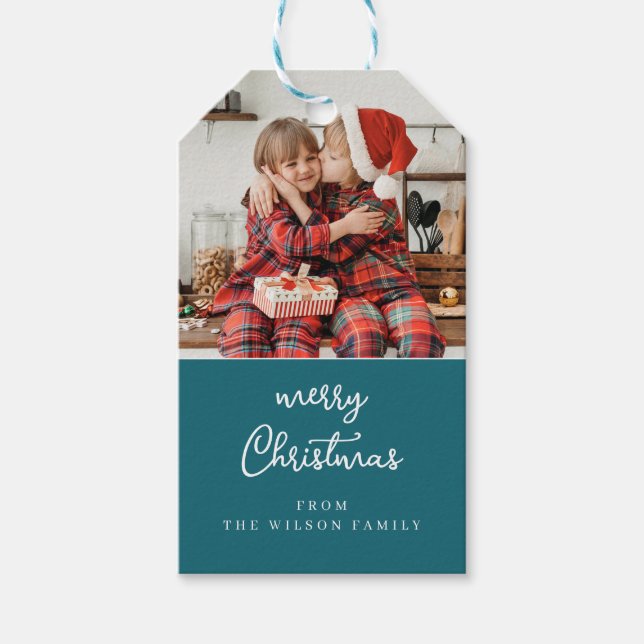 Etiqueta Para Presente Folha de Natal azul e branco (Frente)