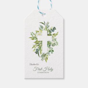 Etiqueta Para Presente Folhas Cruz Floral Faz a Primeira Comunhão