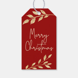 Etiqueta Para Presente Folhas Douradas do Natal Moderno em Vermelho