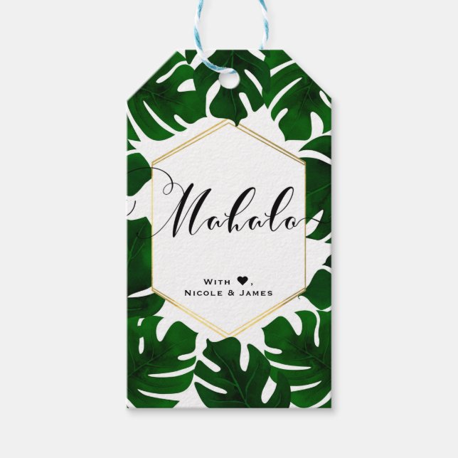 Etiqueta Para Presente Folhas Tropicais Verdes Branco Dourado Chic MAHALO (Frente)