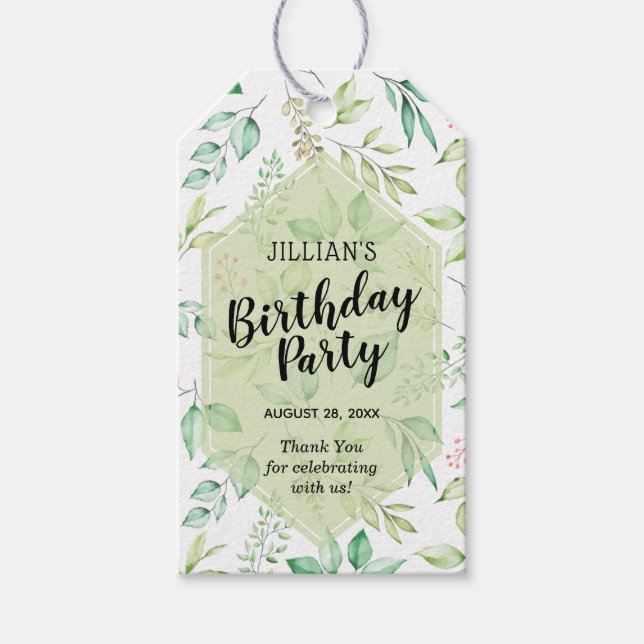 Etiqueta Para Presente Folhas Verdes Botânicas Agradecimento Festa de Ani (Frente)
