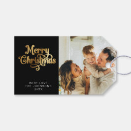 Etiqueta Para Presente Foto da família de Natal Dourada e Preta