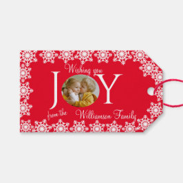 Etiqueta Para Presente Foto da família Floco de Neve Branco Vermelho de N