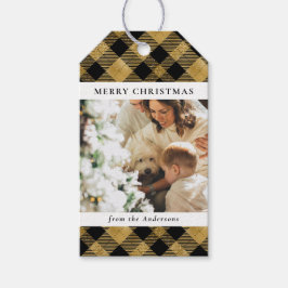 Etiqueta Para Presente Foto da família natalícia da Xadrez Dourada Negra