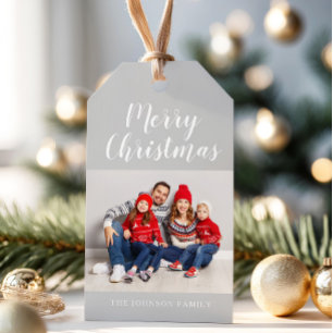 Etiqueta Para Presente Foto de Natal com Letra Cinza Elegante