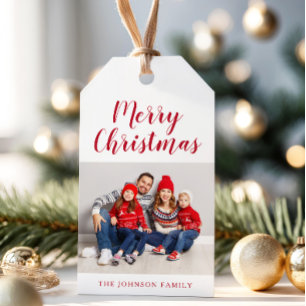 Etiqueta Para Presente Foto de Natal com Letra Red Elegante