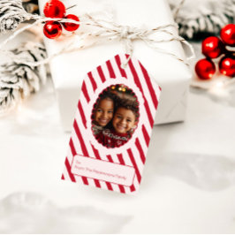Etiqueta Para Presente Foto de Natal com Listras Vermelhas e Rosadas Capr