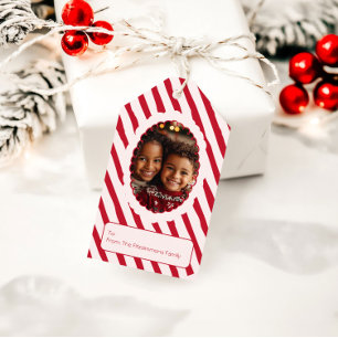 Etiqueta Para Presente Foto de Natal com Listras Vermelhas e Rosadas Capr