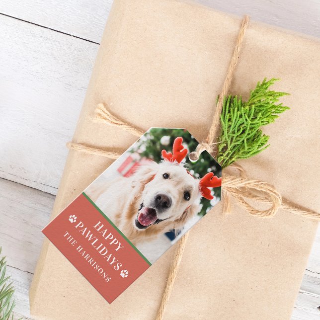 Etiqueta Para Presente Foto de Natal de Cão Feliz Pawlidays (Dog Christmas Photo Happy Pawlidays Gift Tags)
