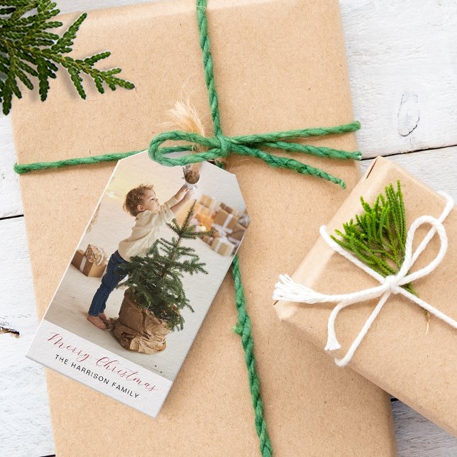 Etiqueta Para Presente Foto de Natal Magra (Minimalist Merry Christmas Photo Gift Tags)