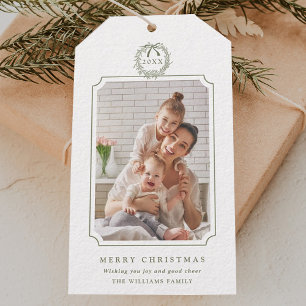 Etiqueta Para Presente Foto de Natal Mínima de Sage Verde Feliz
