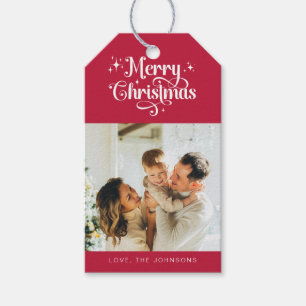 Etiqueta Para Presente Foto de Natal Simples e Vermelho Retro e Branco