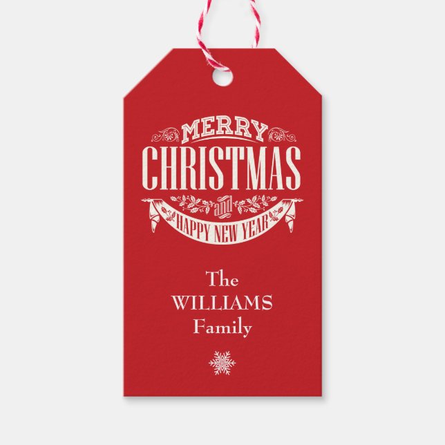 Etiqueta Para Presente Foto de Natal Tradicional de Vermelho Clássico (Frente)