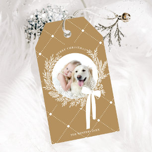Etiqueta Para Presente Foto do ouro Brown & White Christmas Wreath