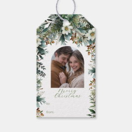 Etiqueta Para Presente Foto do Primeiro Natal Elegante Greenery Arch