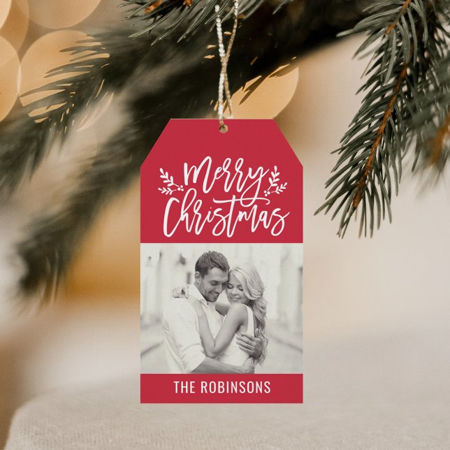 Etiqueta Para Presente Foto do Script Vermelho de Natal Moderno (Criador carregado)