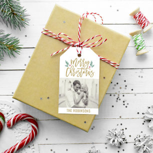 Etiqueta Para Presente Foto Dourada de Script Antiquado de Feliz Natal Mo