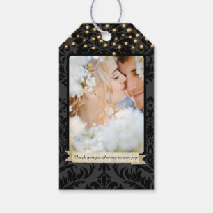 Etiqueta Para Presente Foto Monograma Dourado Preto Damasco Padrão Floral