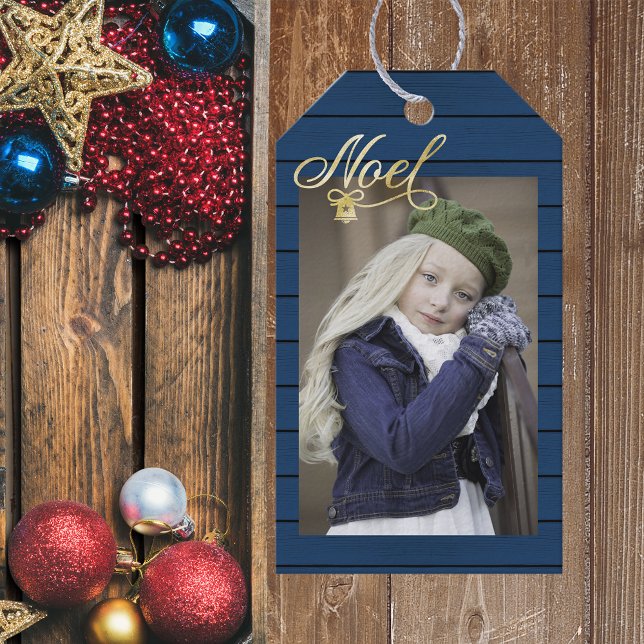 Etiqueta Para Presente Foto Natal Noel Blue Wood (Criador carregado)