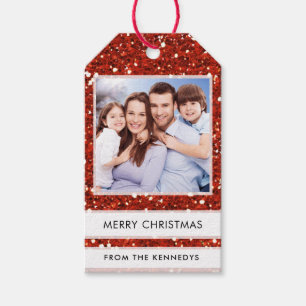 Etiqueta Para Presente Foto personalizada Feliz Natal Vermelho Glitter