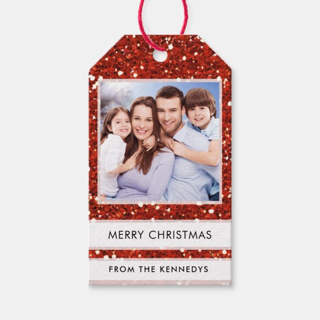 Etiqueta Para Presente Foto personalizada Feliz Natal Vermelho Glitter (Frente)