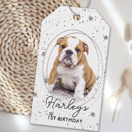 Etiqueta Para Presente Foto Personalizada: Pet Dog Birthday Silver Glitte