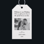 Etiqueta Para Presente Foto personalizada, preto e branco, bem-vindo<br><div class="desc">Foto personalizada Sinais de boas-vindas a preto e branco Estas cores centradas no florista e etiquetas de presentes de casamento são perfeitas para o seu casamento clássico e moderno. Este design apresenta caligrafia romântica delicada e elegante, semelhante a manuscrito, com tipografia de chique. Este olhar se parece bem com qualquer...</div>