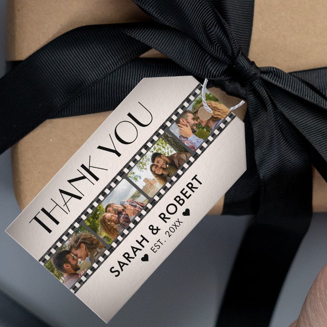 Etiqueta Para Presente Foto Retro Collage Film Strip Obrigado Casamento (Retro Photo Collage Film Strip Thank You Wedding Gift Tags)