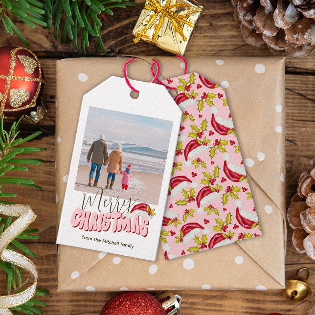 Etiqueta Para Presente Foto Simples, Rosa, Festiva Feliz Natal (Criador carregado)