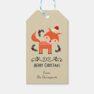 Etiqueta Para Presente Fox alaranjado no Natal lunático bonito do chapé