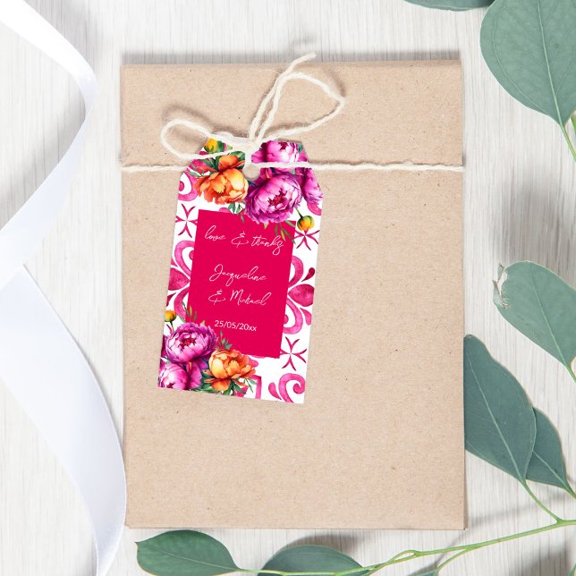 Etiqueta Para Presente Fuchsia Majolica azulejo laranja obrigado você pre (Fuchsia Majolica tiles orange pink peonies thank you favor Gift Tags wedding favor tags favors)