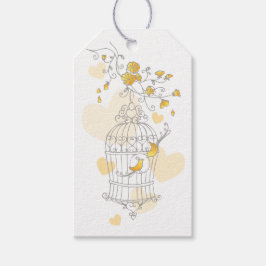 Etiqueta Para Presente Gaiola de pássaros cinza amarela.