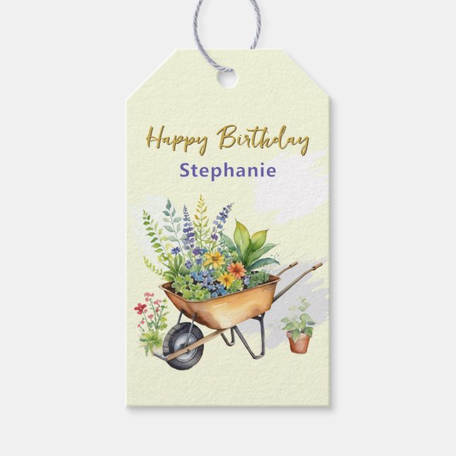 Etiqueta Para Presente Garden Wheelbarrow com Flores Feliz Aniversário (Frente)