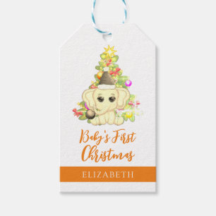 Etiqueta Para Presente Garota Bonita Primeiro Natal Elefante Laranja Bebê