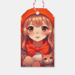 Etiqueta Para Presente Garota de Anime com Gatinho Laranja Natal