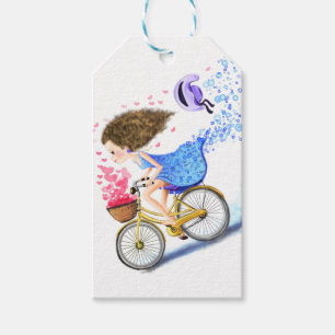 Etiqueta Para Presente Garota Feliz Em Uma Bicicleta - Corações Românt