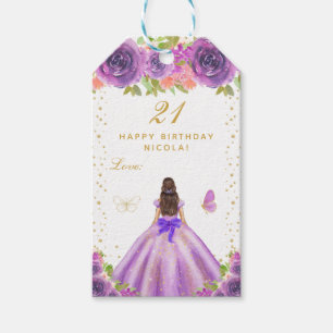 Etiqueta Para Presente Garota Morena de Cabelo Floral Roxo Feliz Aniversá
