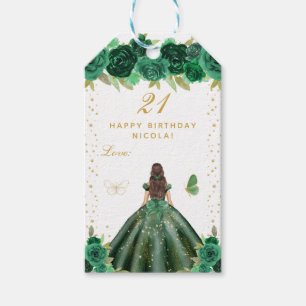 Etiqueta Para Presente Garota Morena de Cabelo Floral Verde Feliz Anivers