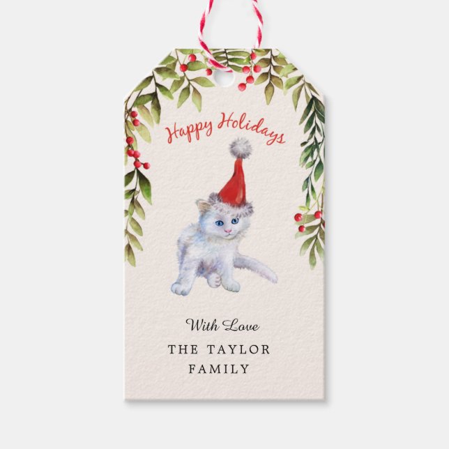 Etiqueta Para Presente Gatinho Adorável Feliz Natal Vermelho (Frente)