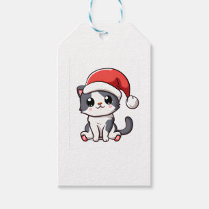 Etiqueta Para Presente Gatinho de Natal bonito vestindo chapéu de Papai N